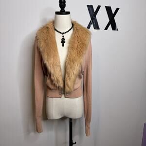 Vintage Y2K Rose Pink Faux Fur Crop Cardigan Sweater Indie Sleaze Fairy 2000s M